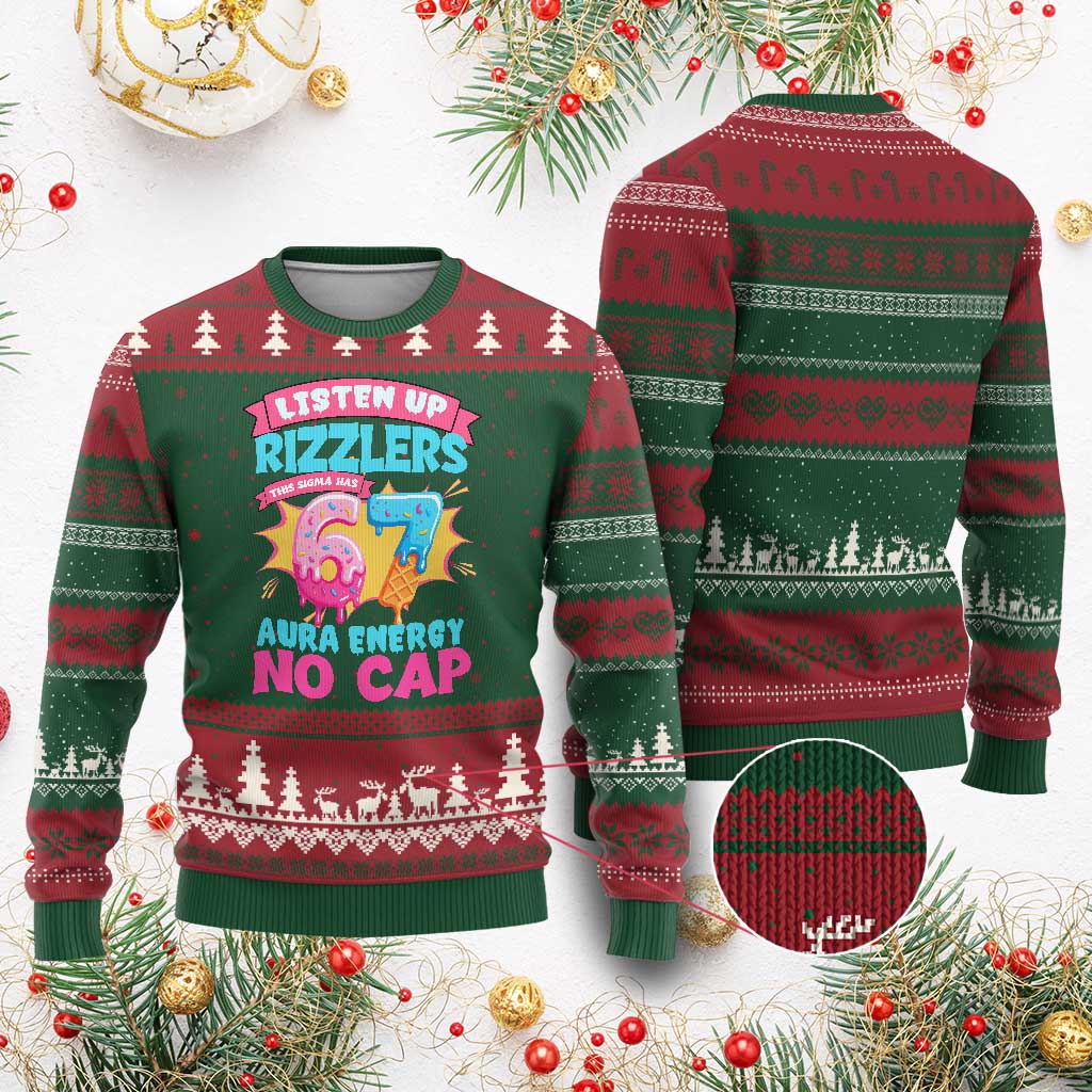 Listen Up Rizzlers This Sigma Has 67 Aura Energy Six Seven Ugly Christmas Sweater Baseball Drip Number 67 TS10 Red Green Print Your Wear