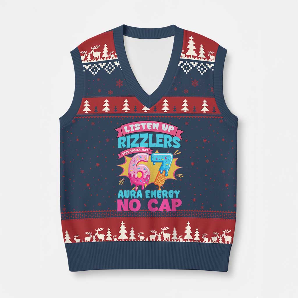 Listen Up Rizzlers This Sigma Has 67 Aura Energy Six Seven V-Neck Knit Sweater Vest Baseball Drip Number 67 TS10 Navy Red Print Your Wear