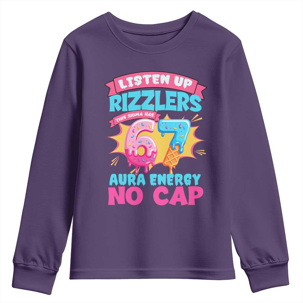 Listen Up Rizzlers This Sigma Has 67 Aura Energy Six Seven Youth Sweatshirt Baseball Drip Number 67 TS10 Purple Print Your Wear