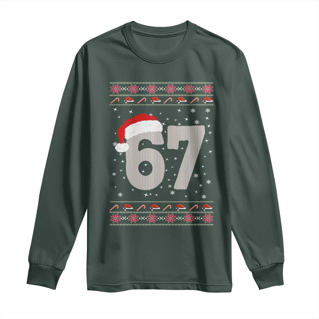 Funny Six Seven 6 7 Meme Ugly Christmas Long Sleeve Shirt Gen Alpha Slang TS10 Dark Forest Green Print Your Wear
