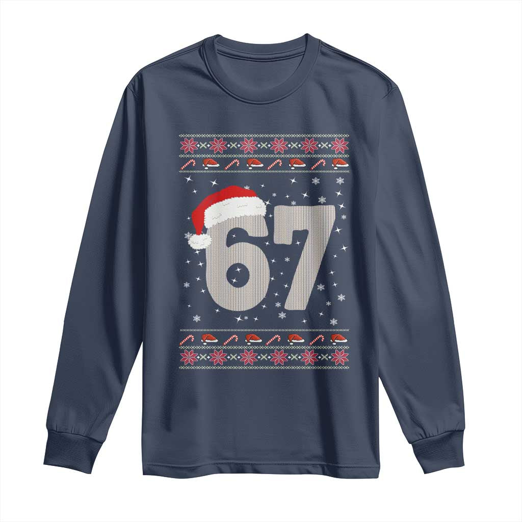 Funny Six Seven 6 7 Meme Ugly Christmas Long Sleeve Shirt Gen Alpha Slang TS10 Navy Print Your Wear