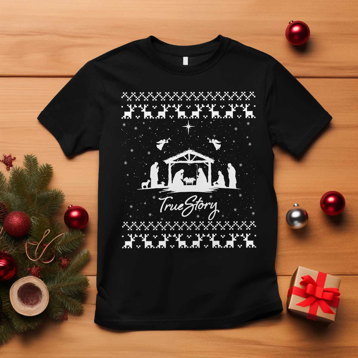 Nativity Scene Christmas T Shirt Christian True Story Jesus Birth Ugly Xmas TS10 Black Print Your Wear