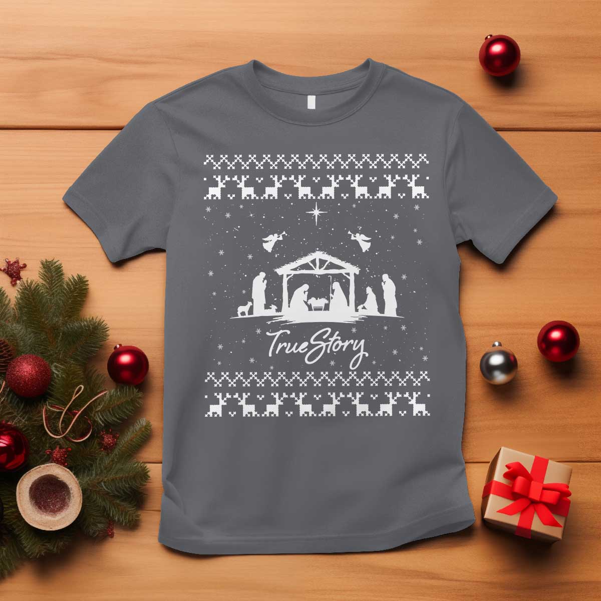 Nativity Scene Christmas T Shirt Christian True Story Jesus Birth Ugly Xmas TS10 Charcoal Print Your Wear