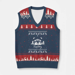 Nativity Scene Xmas V-Neck Knit Sweater Vest Christian True Story Jesus Birth Ugly Xmas TS10 Navy Red Print Your Wear