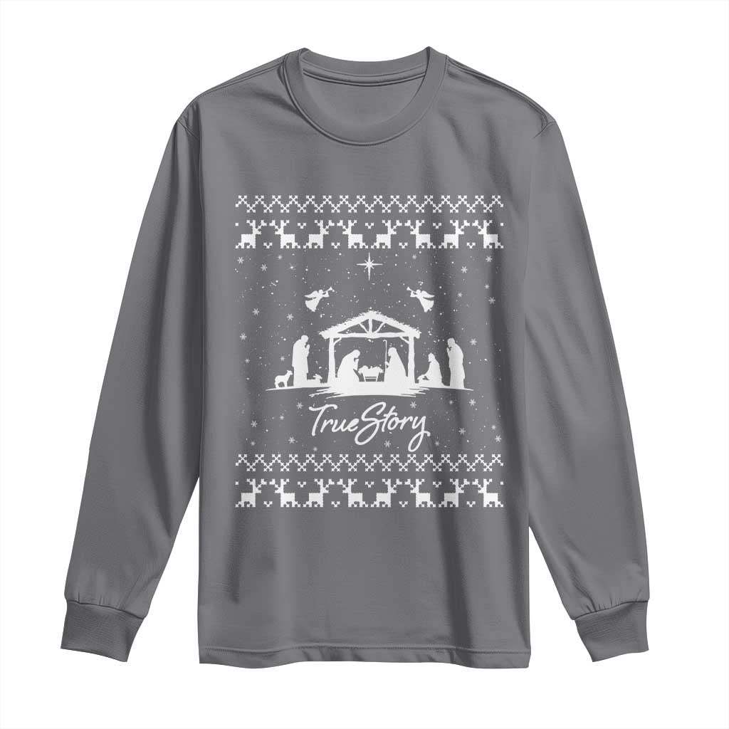 Nativity Scene Christmas Long Sleeve Shirt Christian True Story Jesus Birth Ugly Xmas TS10 Charcoal Print Your Wear