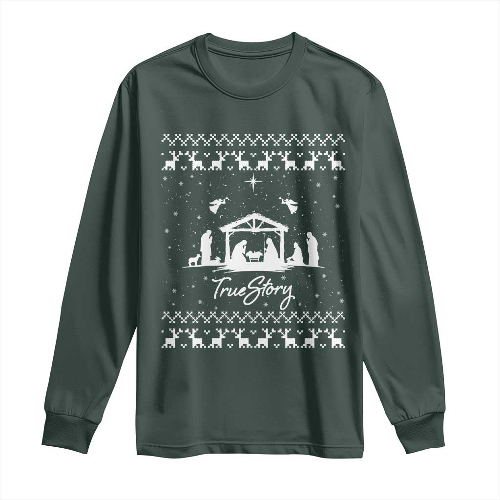 Nativity Scene Christmas Long Sleeve Shirt Christian True Story Jesus Birth Ugly Xmas TS10 Dark Forest Green Print Your Wear