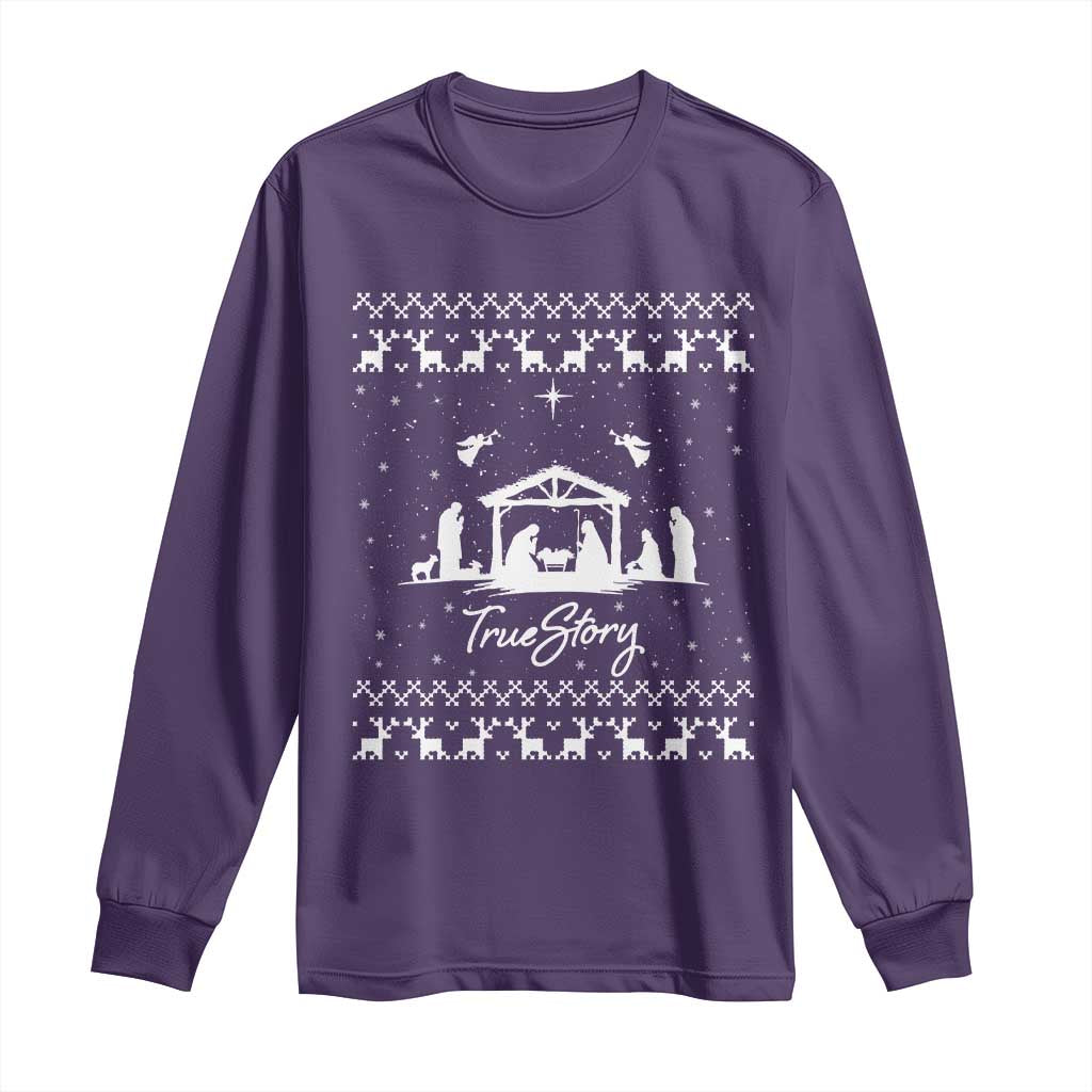 Nativity Scene Christmas Long Sleeve Shirt Christian True Story Jesus Birth Ugly Xmas TS10 Purple Print Your Wear