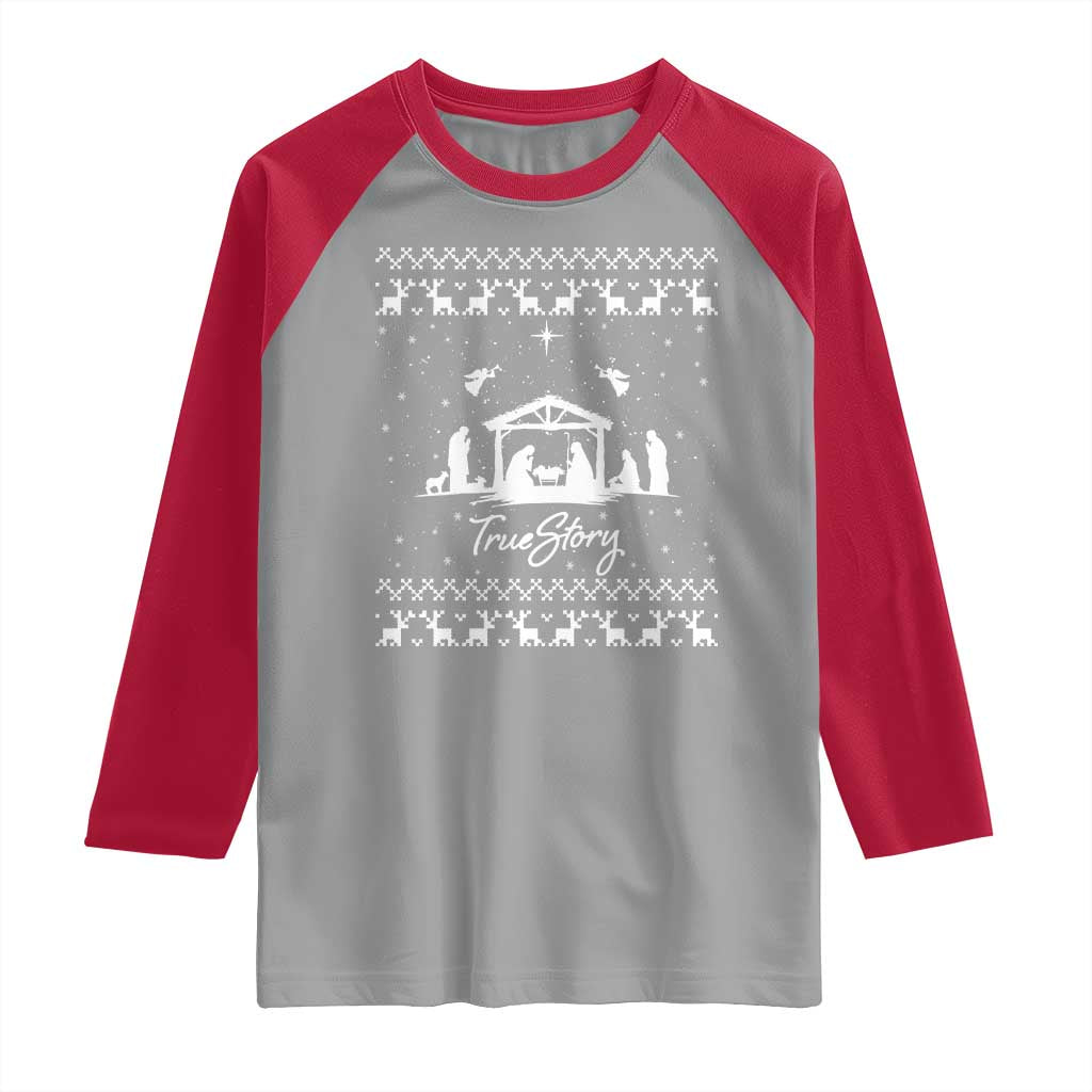 Nativity Scene Christmas Raglan Shirt Christian True Story Jesus Birth Ugly Xmas TS10 Sport Gray Red Print Your Wear