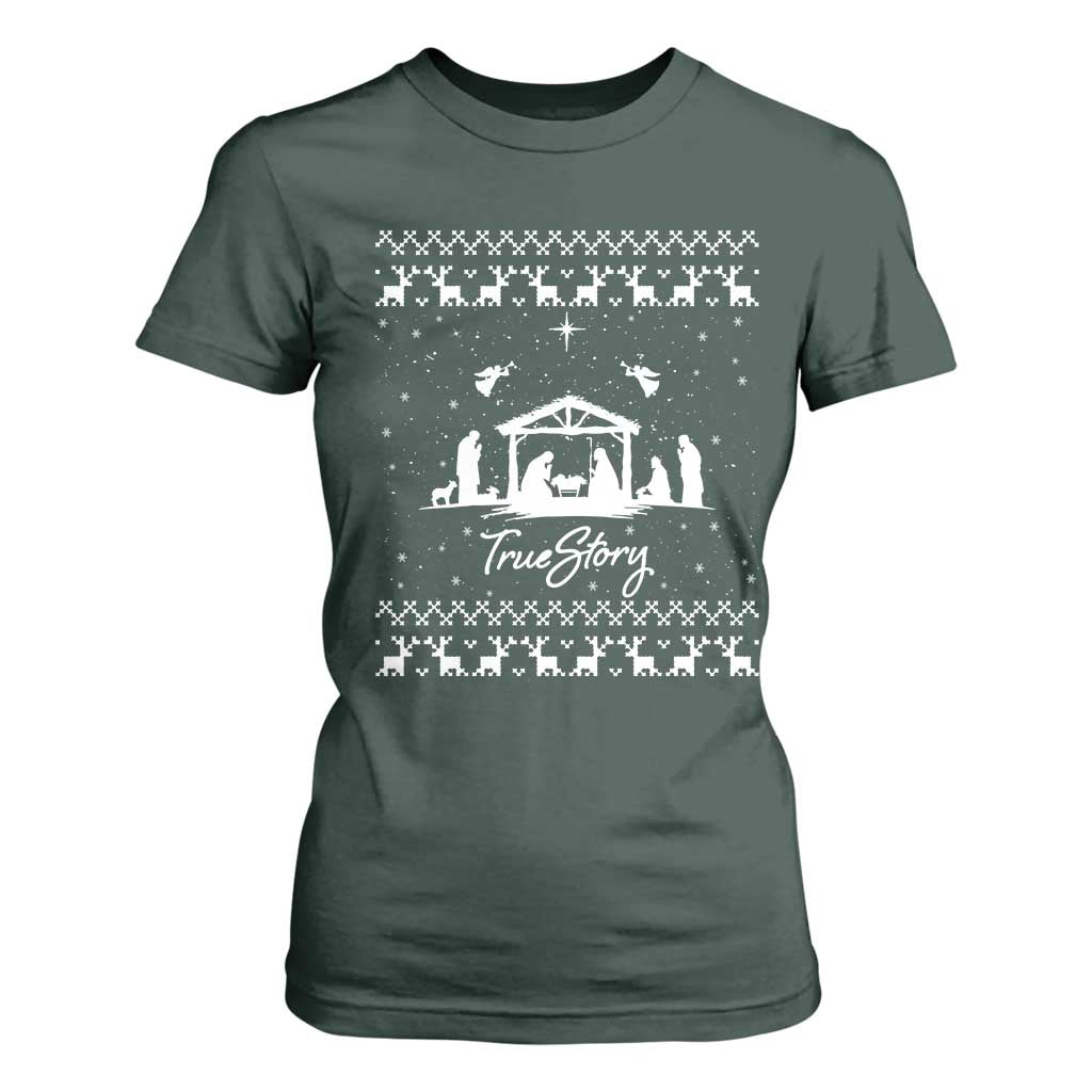Nativity Scene Christmas T Shirt For Women Christian True Story Jesus Birth Ugly Xmas TS10 Dark Forest Green Print Your Wear