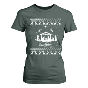 Nativity Scene Christmas T Shirt For Women Christian True Story Jesus Birth Ugly Xmas TS10 Dark Forest Green Print Your Wear