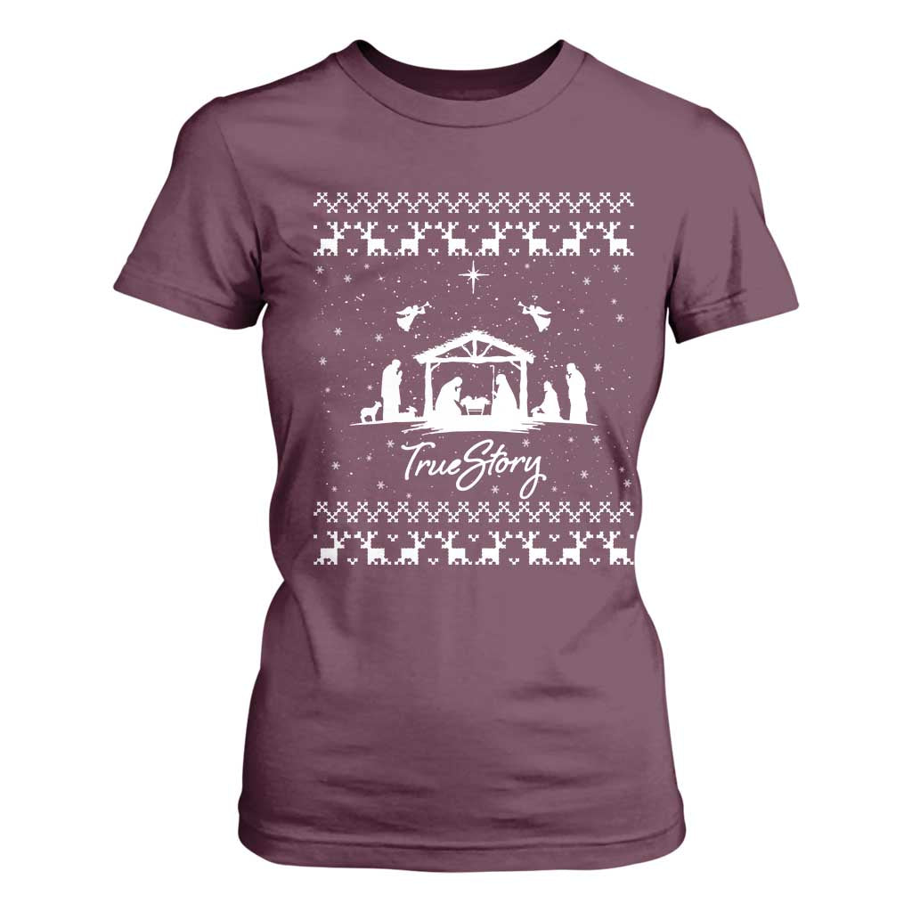 Nativity Scene Christmas T Shirt For Women Christian True Story Jesus Birth Ugly Xmas TS10 Maroon Print Your Wear