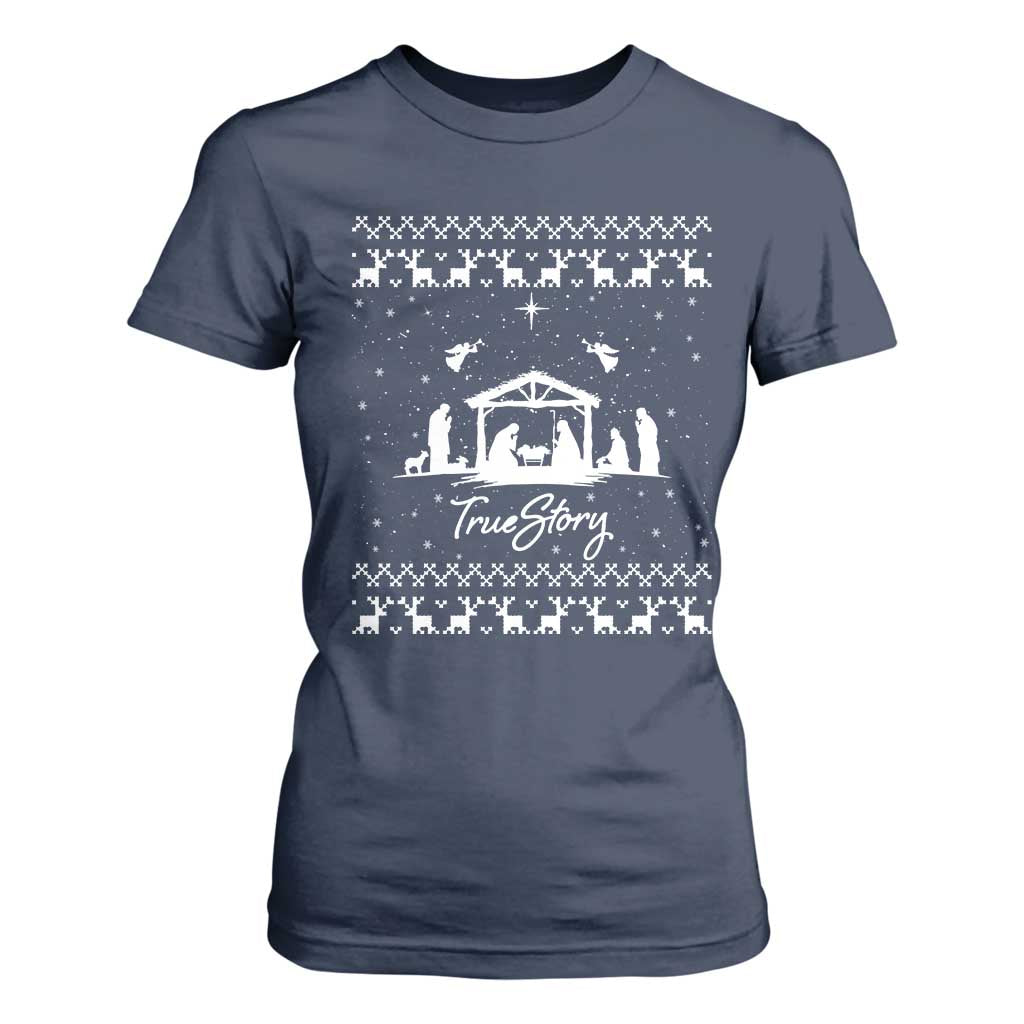 Nativity Scene Christmas T Shirt For Women Christian True Story Jesus Birth Ugly Xmas TS10 Navy Print Your Wear