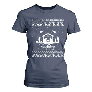 Nativity Scene Christmas T Shirt For Women Christian True Story Jesus Birth Ugly Xmas TS10 Navy Print Your Wear
