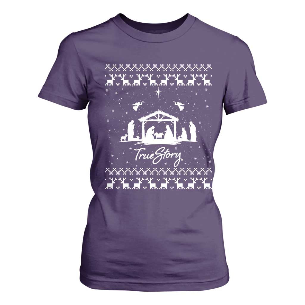 Nativity Scene Christmas T Shirt For Women Christian True Story Jesus Birth Ugly Xmas TS10 Purple Print Your Wear