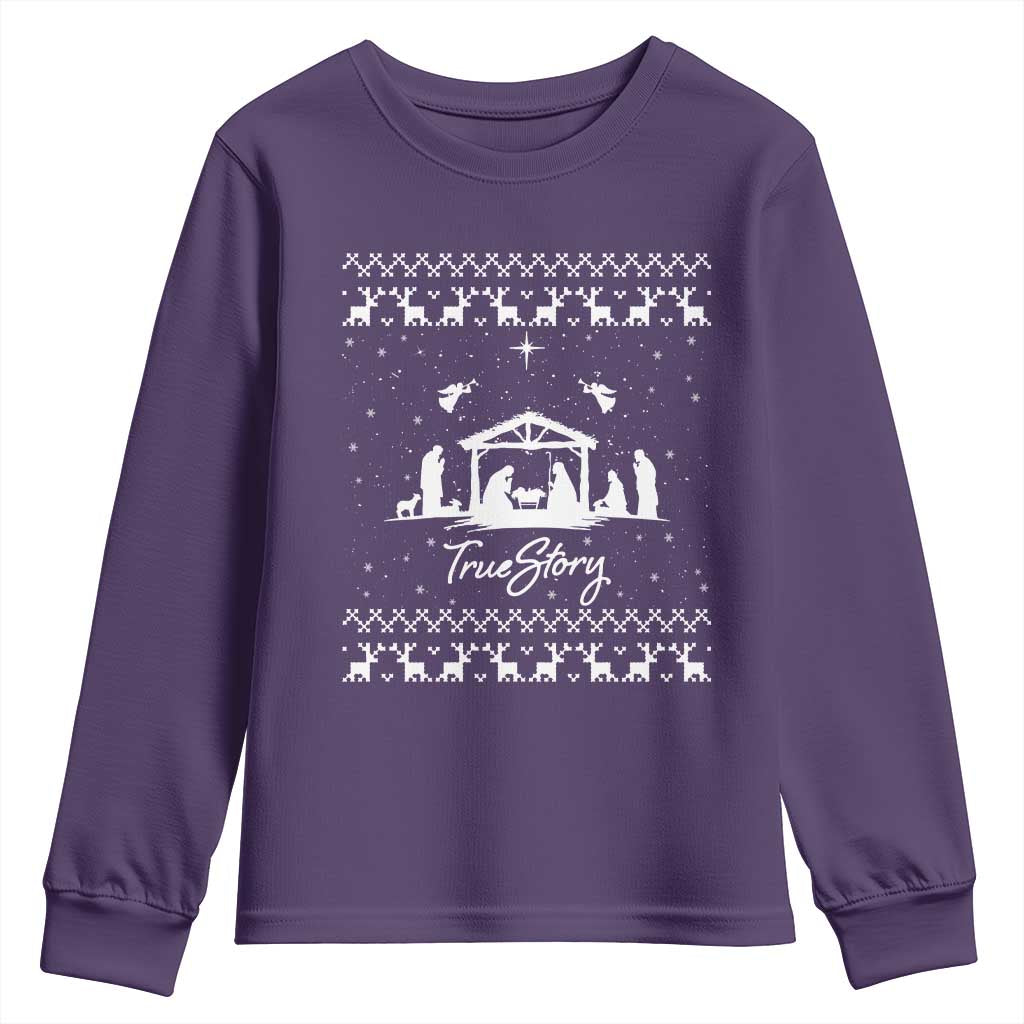 Nativity Scene Christmas Youth Sweatshirt Christian True Story Jesus Birth Ugly Xmas TS10 Purple Print Your Wear