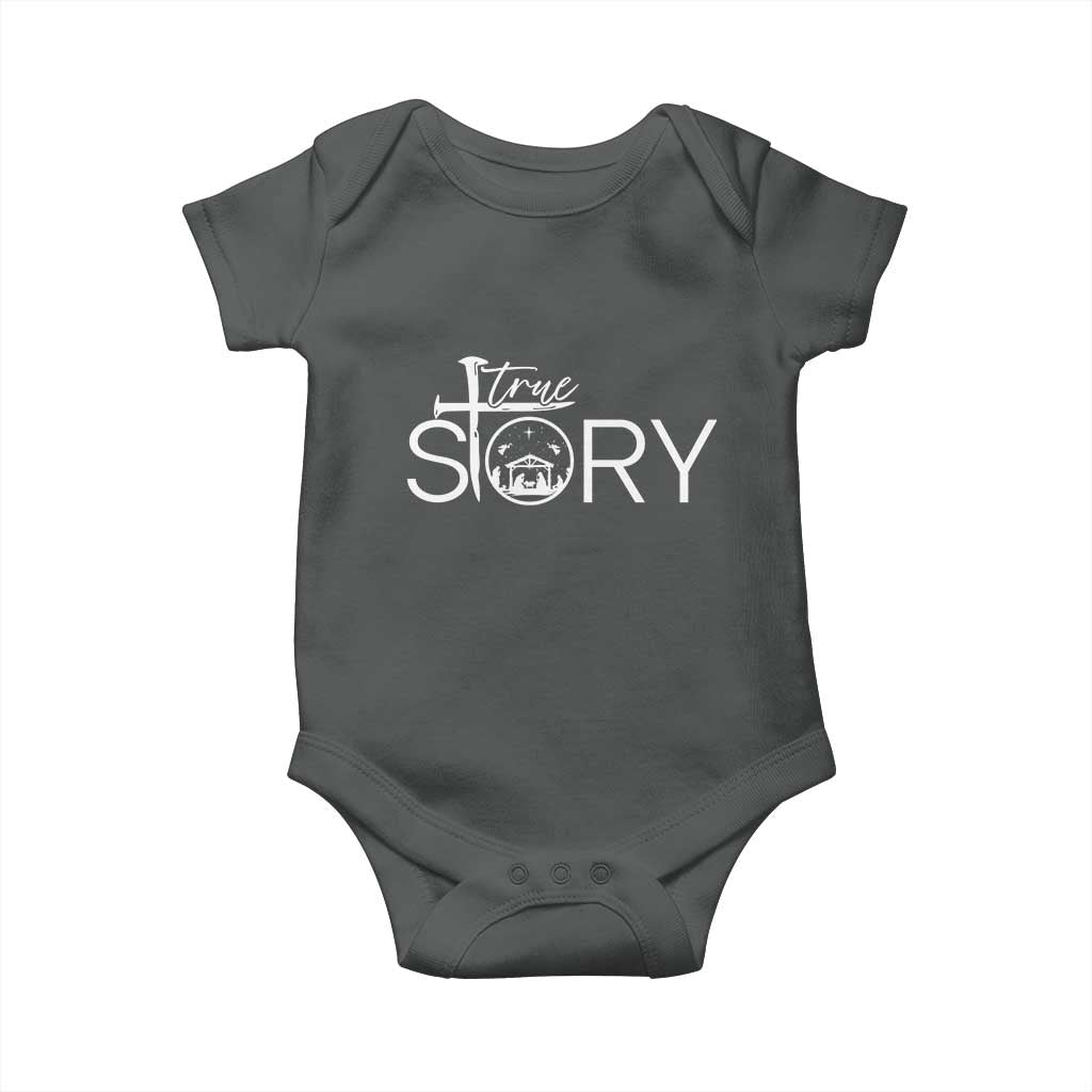 Christian True Story Baby Onesie Nativity Scene Christmas Faith Cross Jesus Birth TS10 Dark Heather Print Your Wear