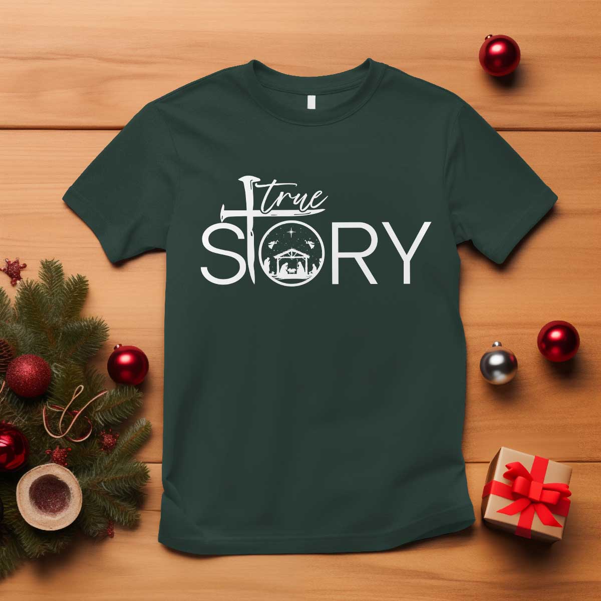 Christian True Story T Shirt Nativity Scene Christmas Faith Cross Jesus Birth TS10 Dark Forest Green Print Your Wear