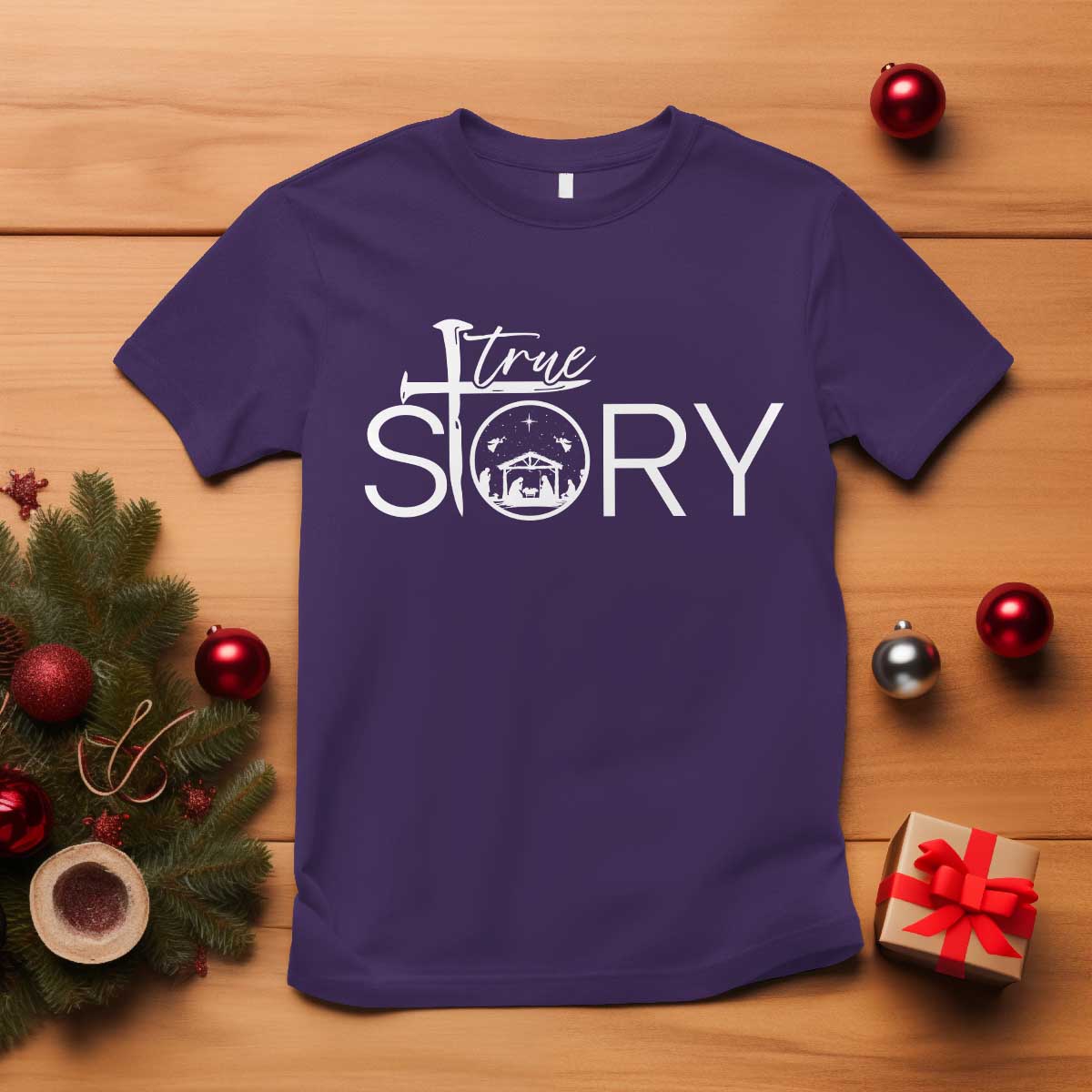 Christian True Story T Shirt Nativity Scene Christmas Faith Cross Jesus Birth TS10 Purple Print Your Wear