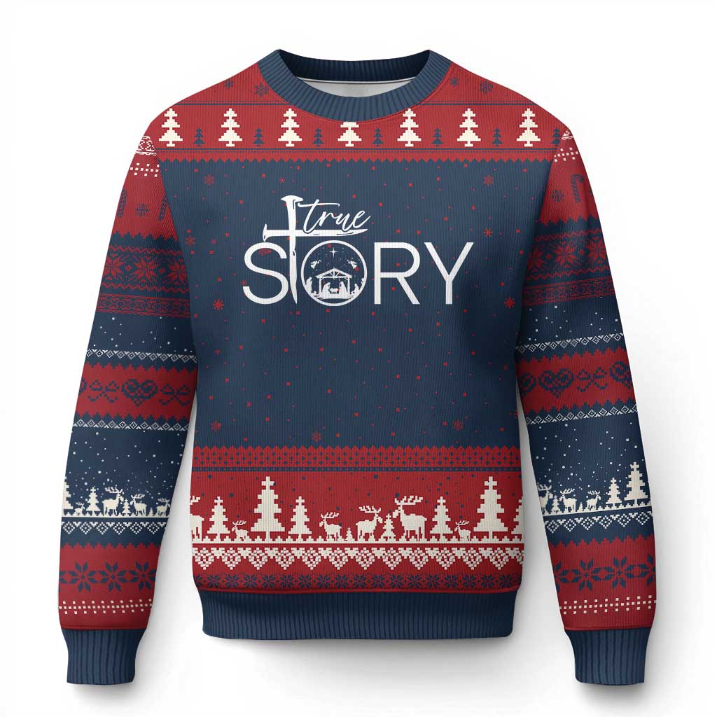 Christian True Story Ugly Christmas Sweater Nativity Scene Xmas Faith Cross Jesus Birth TS10 Navy Red Print Your Wear