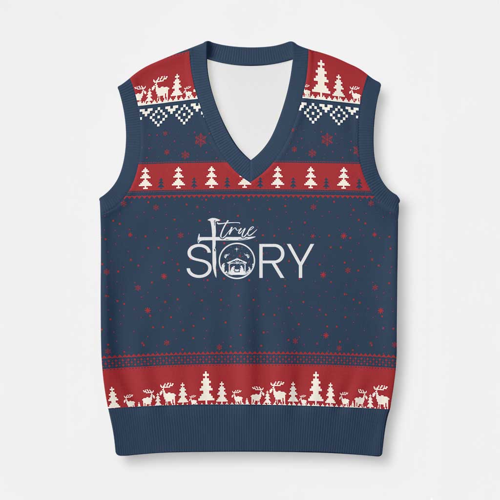 Christian True Story V-Neck Knit Sweater Vest Nativity Scene Xmas Faith Cross Jesus Birth TS10 Navy Red Print Your Wear
