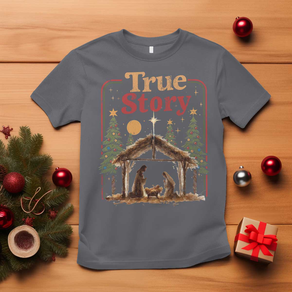 Vintage Nativity Scene T Shirt Christian Christmas True Story Jesus Birth TS10 Charcoal Print Your Wear