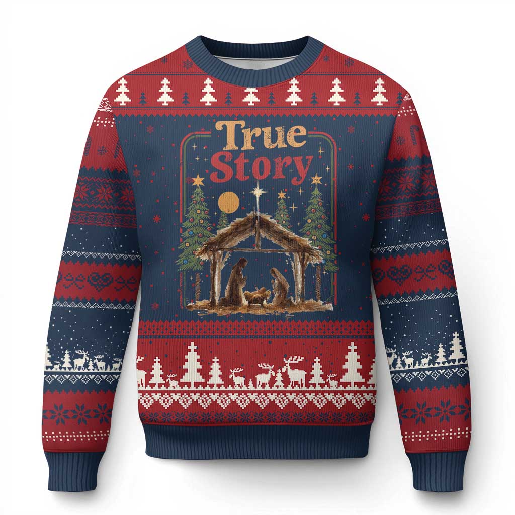 Vintage Nativity Scene Ugly Christmas Sweater Christian Xmas True Story Jesus Birth TS10 Navy Red Print Your Wear