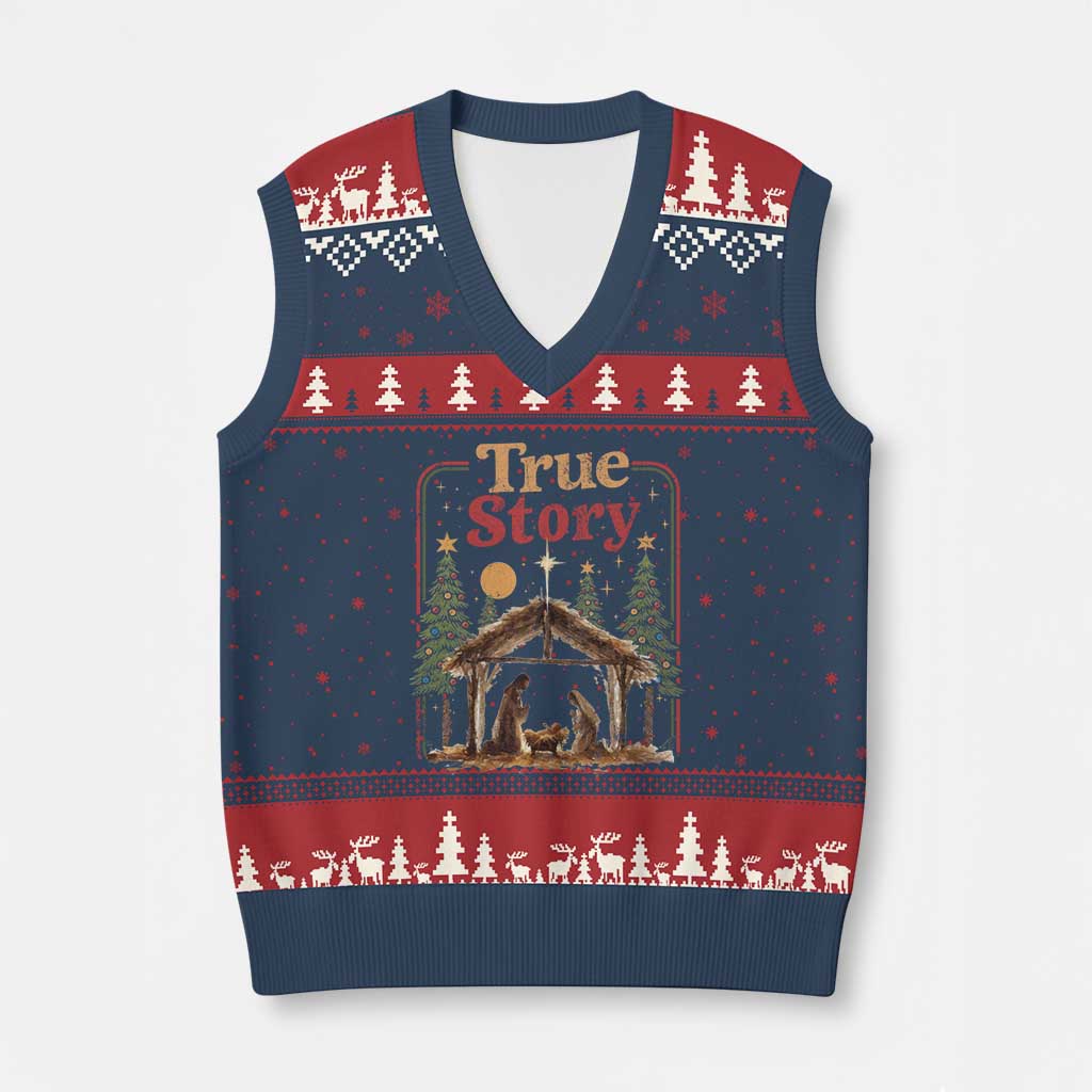 Vintage Nativity Scene V-Neck Knit Sweater Vest Christian Xmas True Story Jesus Birth TS10 Navy Red Print Your Wear