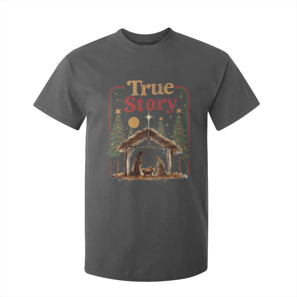 Vintage Nativity Scene T Shirt For Kid Christian Christmas True Story Jesus Birth TS10 Dark Heather Print Your Wear