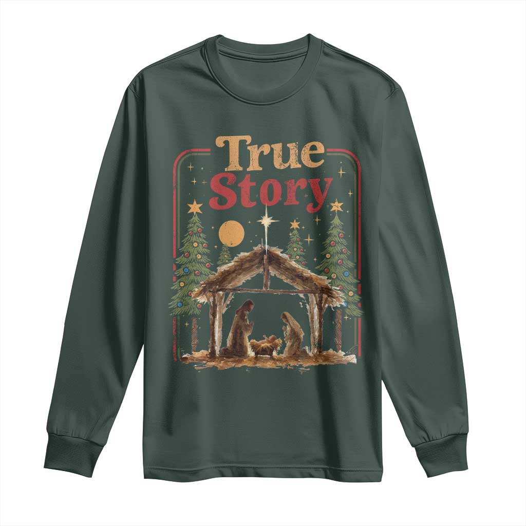 Vintage Nativity Scene Long Sleeve Shirt Christian Christmas True Story Jesus Birth TS10 Dark Forest Green Print Your Wear