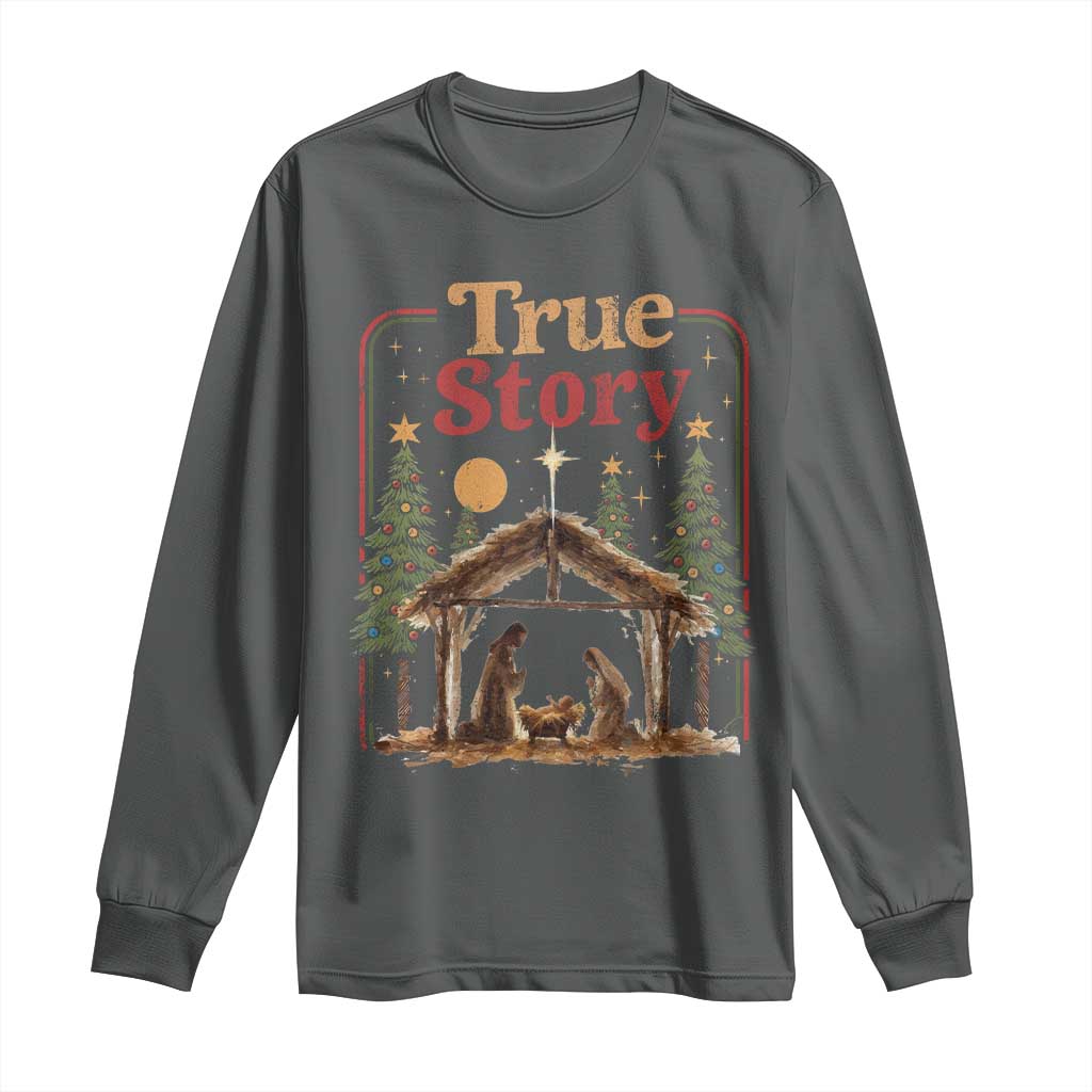 Vintage Nativity Scene Long Sleeve Shirt Christian Christmas True Story Jesus Birth TS10 Dark Heather Print Your Wear
