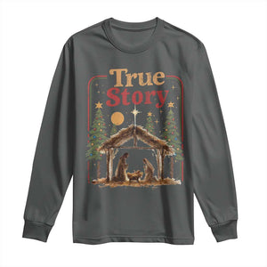 Vintage Nativity Scene Long Sleeve Shirt Christian Christmas True Story Jesus Birth TS10 Dark Heather Print Your Wear
