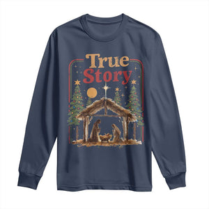 Vintage Nativity Scene Long Sleeve Shirt Christian Christmas True Story Jesus Birth TS10 Navy Print Your Wear