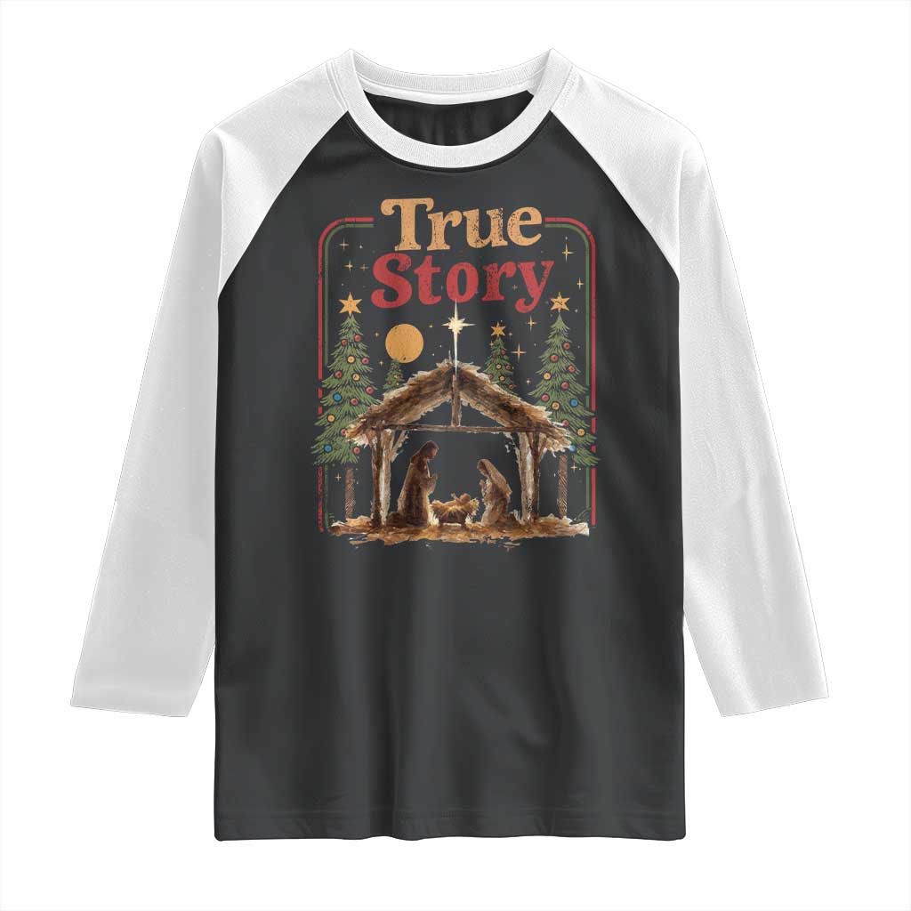 Vintage Nativity Scene Raglan Shirt Christian Christmas True Story Jesus Birth TS10 Black White Print Your Wear