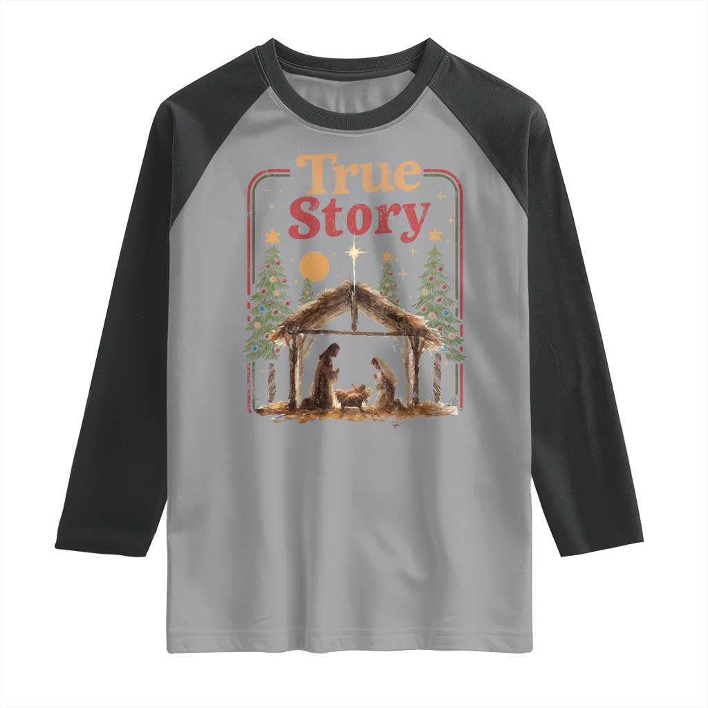 Vintage Nativity Scene Raglan Shirt Christian Christmas True Story Jesus Birth TS10 Sport Gray Black Print Your Wear