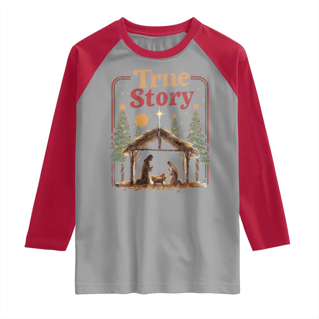 Vintage Nativity Scene Raglan Shirt Christian Christmas True Story Jesus Birth TS10 Sport Gray Red Print Your Wear