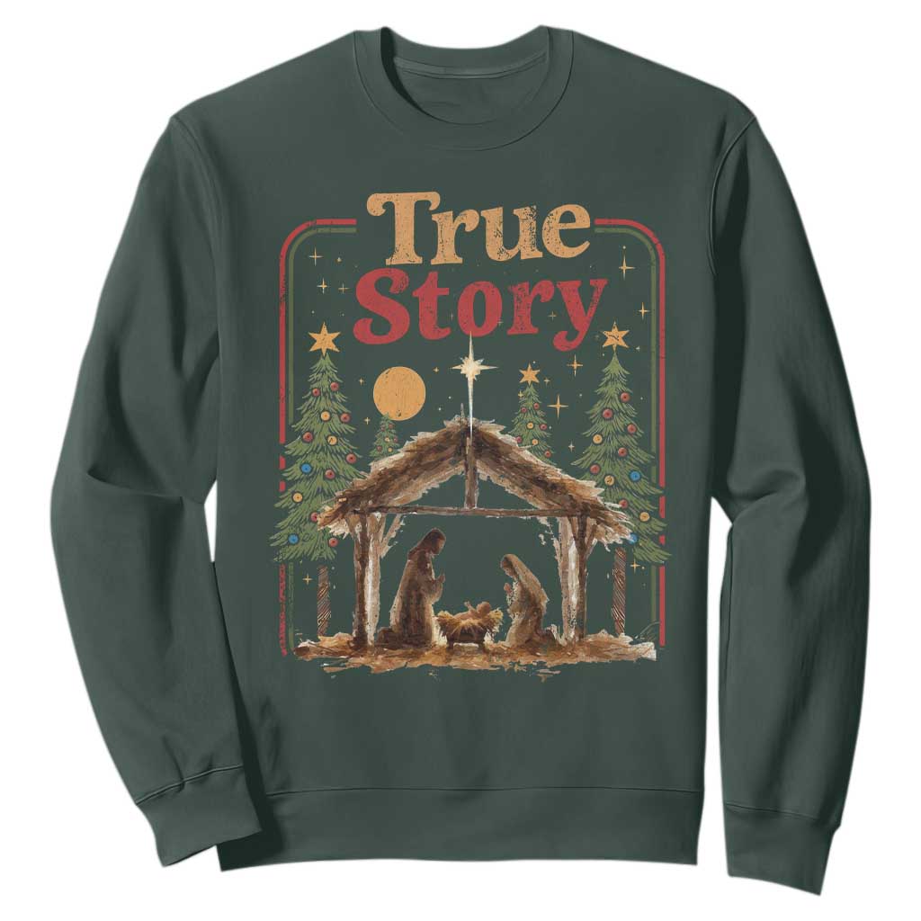 Vintage Nativity Scene Sweatshirt Christian Christmas True Story Jesus Birth TS10 Dark Forest Green Print Your Wear