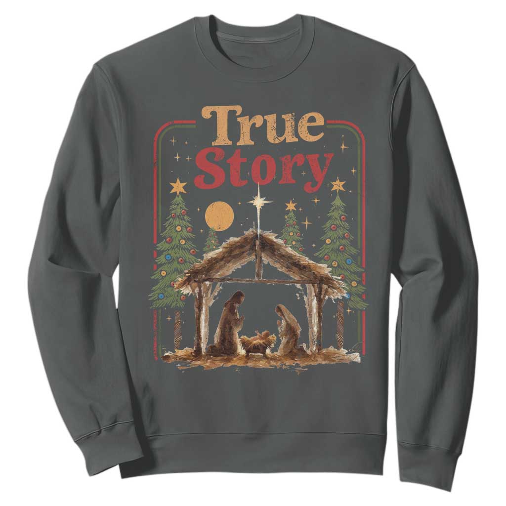 Vintage Nativity Scene Sweatshirt Christian Christmas True Story Jesus Birth TS10 Dark Heather Print Your Wear