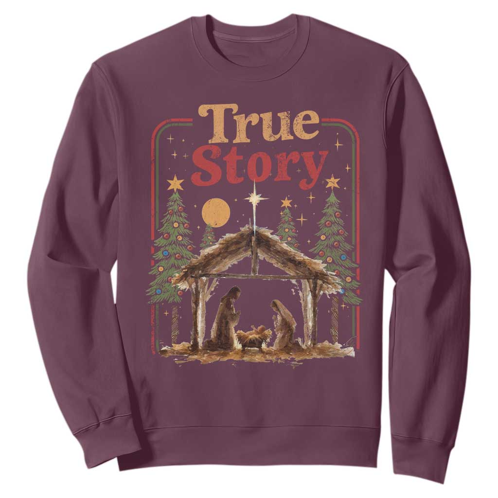 Vintage Nativity Scene Sweatshirt Christian Christmas True Story Jesus Birth TS10 Maroon Print Your Wear