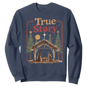 Vintage Nativity Scene Sweatshirt Christian Christmas True Story Jesus Birth TS10 Navy Print Your Wear