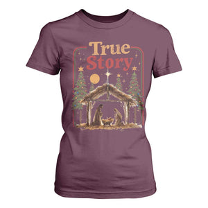 Vintage Nativity Scene T Shirt For Women Christian Christmas True Story Jesus Birth TS10 Maroon Print Your Wear