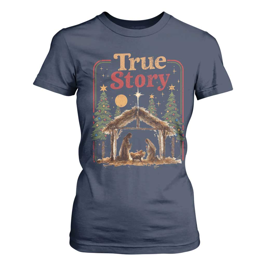 Vintage Nativity Scene T Shirt For Women Christian Christmas True Story Jesus Birth TS10 Navy Print Your Wear