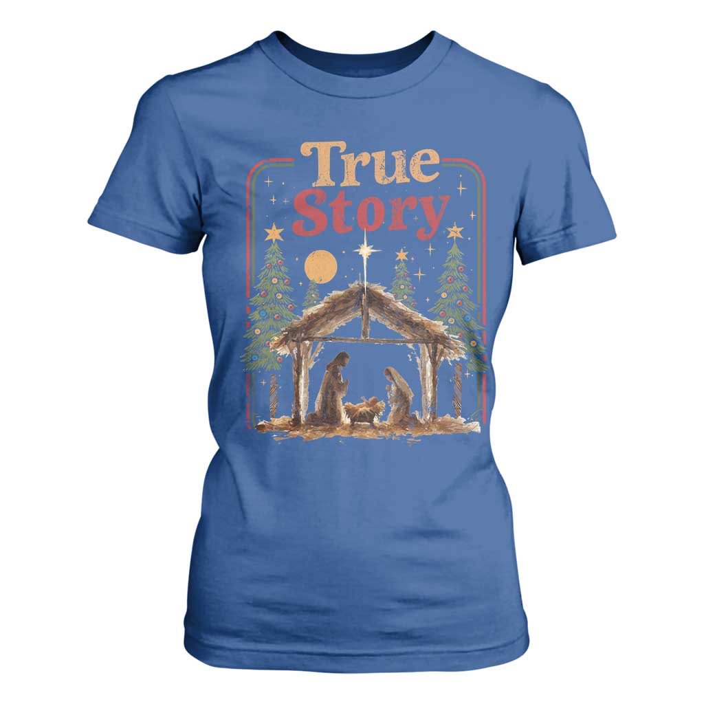 Vintage Nativity Scene T Shirt For Women Christian Christmas True Story Jesus Birth TS10 Royal Blue Print Your Wear