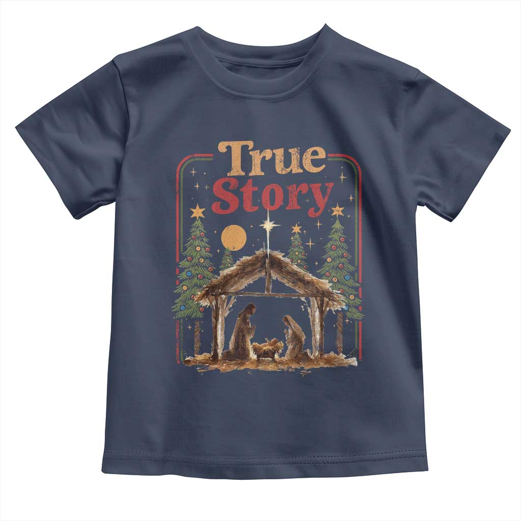 Vintage Nativity Scene Toddler T Shirt Christian Christmas True Story Jesus Birth TS10 Navy Print Your Wear