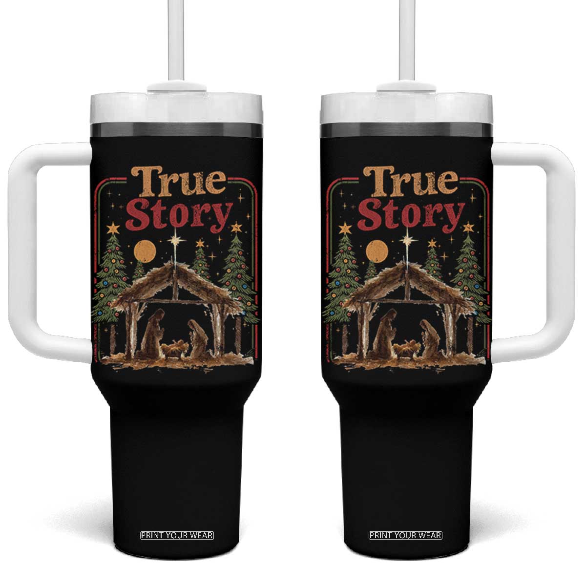 Vintage Nativity Scene Tumbler With Handle Christian Christmas True Story Jesus Birth TS10 One Size: 40 oz Black Print Your Wear