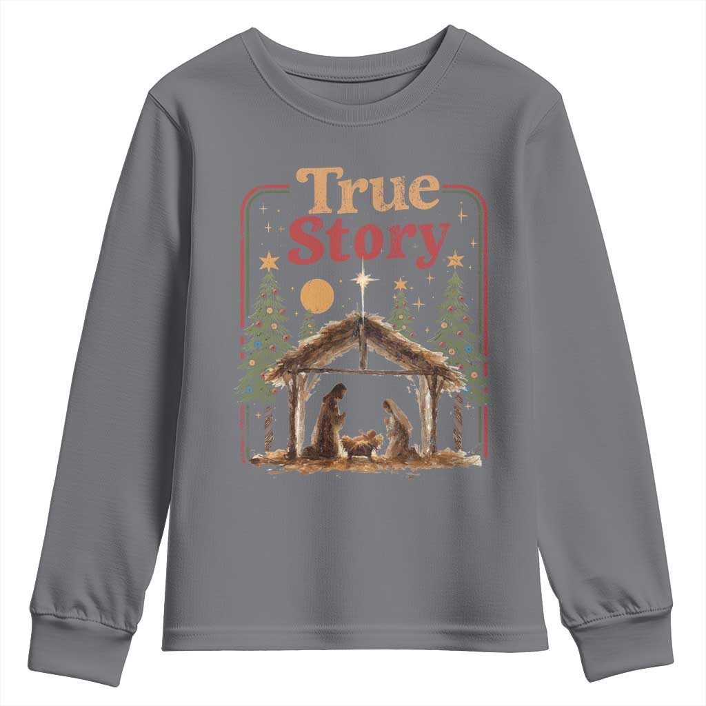 Vintage Nativity Scene Youth Sweatshirt Christian Christmas True Story Jesus Birth TS10 Charcoal Print Your Wear