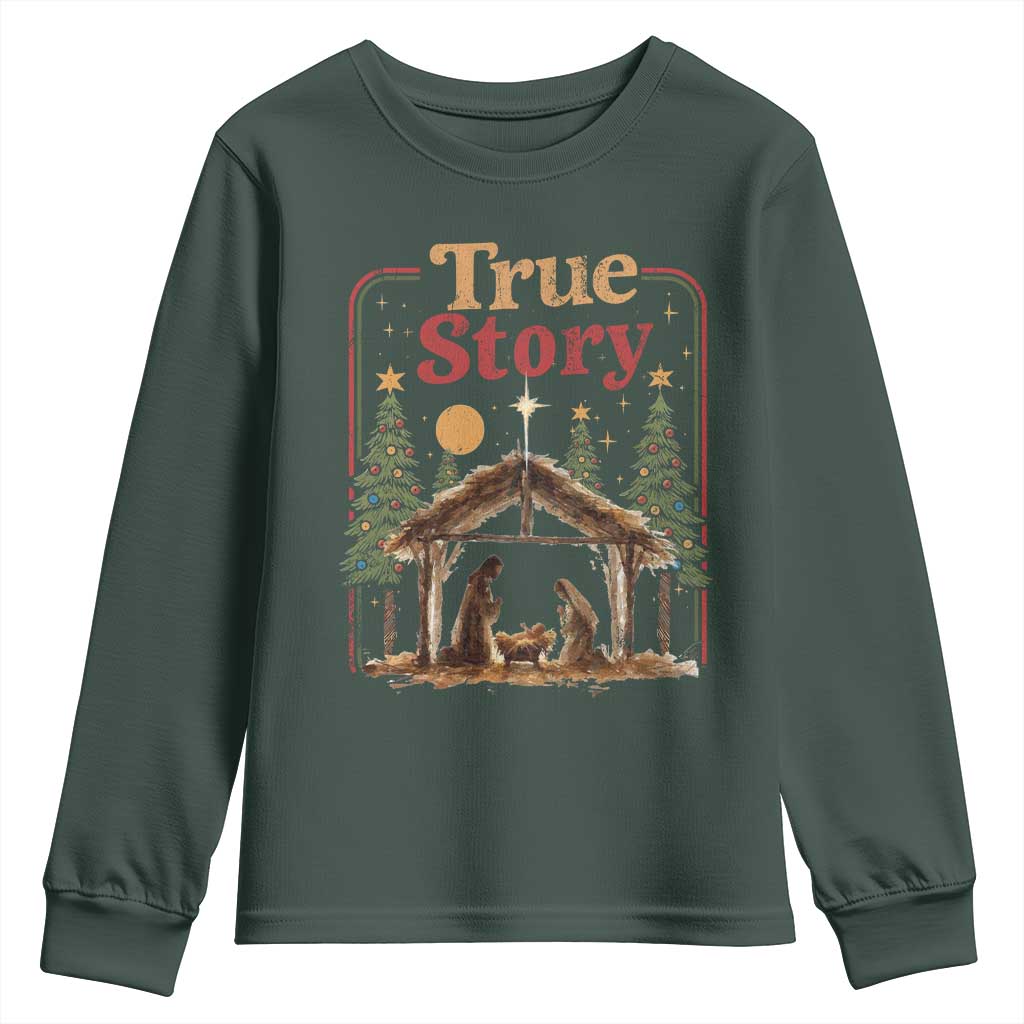 Vintage Nativity Scene Youth Sweatshirt Christian Christmas True Story Jesus Birth TS10 Dark Forest Green Print Your Wear