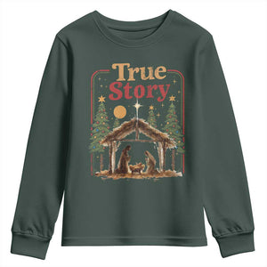 Vintage Nativity Scene Youth Sweatshirt Christian Christmas True Story Jesus Birth TS10 Dark Forest Green Print Your Wear