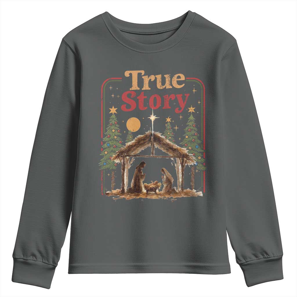 Vintage Nativity Scene Youth Sweatshirt Christian Christmas True Story Jesus Birth TS10 Dark Heather Print Your Wear