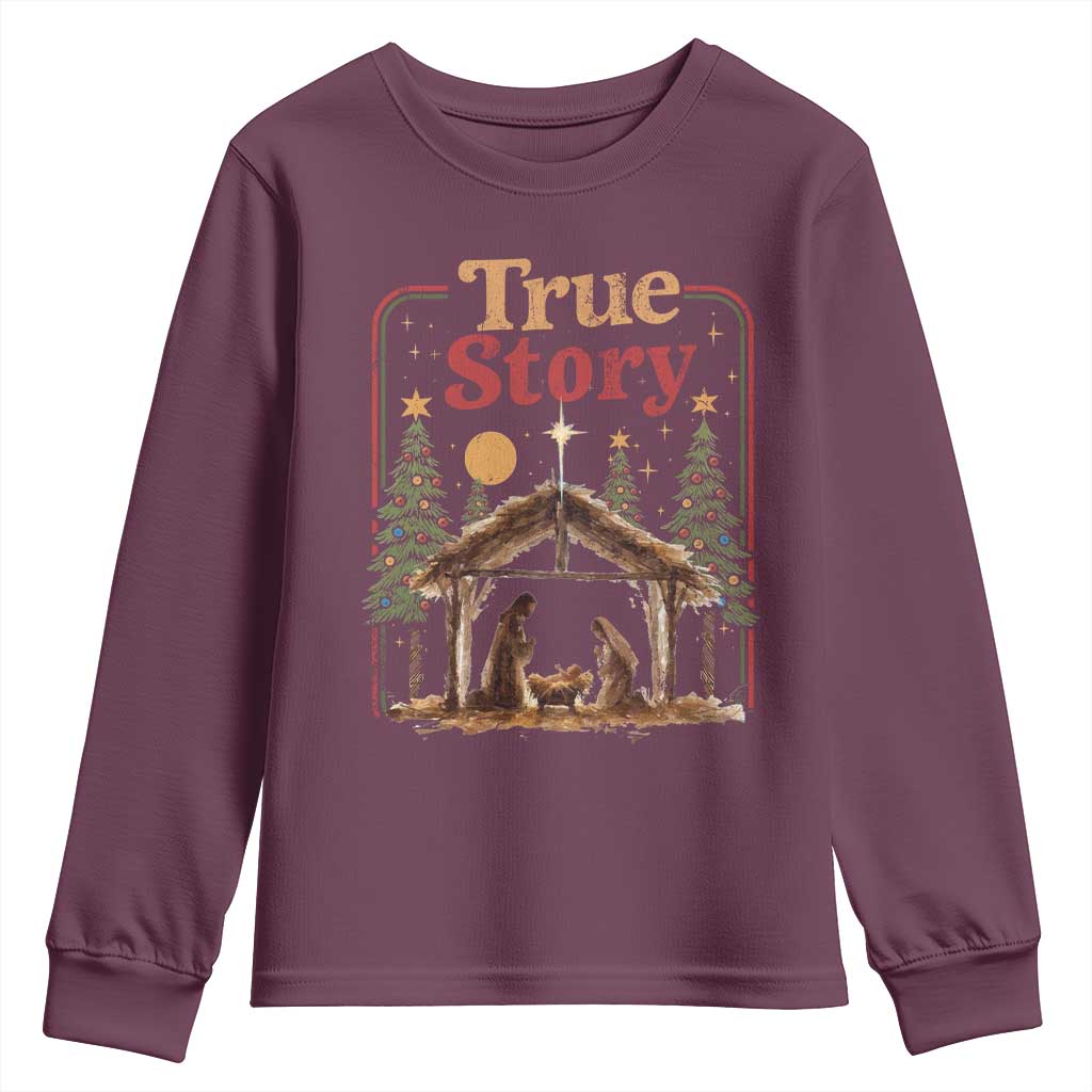 Vintage Nativity Scene Youth Sweatshirt Christian Christmas True Story Jesus Birth TS10 Maroon Print Your Wear