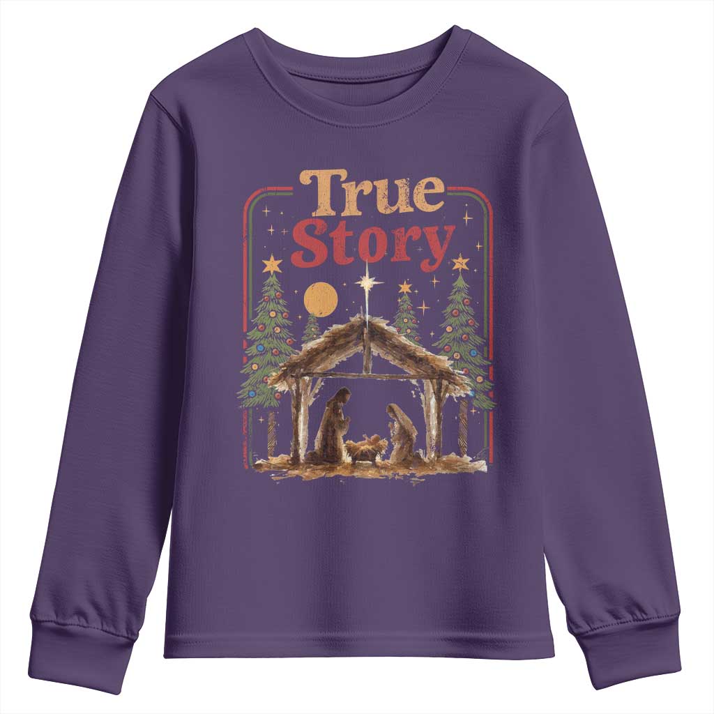 Vintage Nativity Scene Youth Sweatshirt Christian Christmas True Story Jesus Birth TS10 Purple Print Your Wear